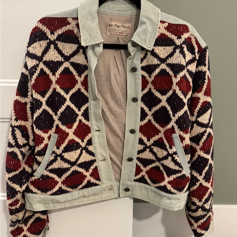 We The Free Geometric Knit Bomber Denim Jacket